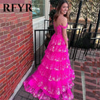 RFYR Puffy Gold Evening Dress Off  Shoulder Vestidos De Noche Sweetheart Layered Prom Dress Appliques Party Dress Customized - Matrix Studios
