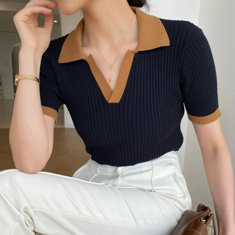 Short Sleeve Polo Neck Knitted Tops Women Lightweight Knitted Sweater Polo Shirts Elegant Office Lady Casual Chic Outfit - Matrix-studios.com