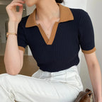 Short Sleeve Polo Neck Knitted Tops Women Lightweight Knitted Sweater Polo Shirts Elegant Office Lady Casual Chic Outfit - Matrix-studios.com