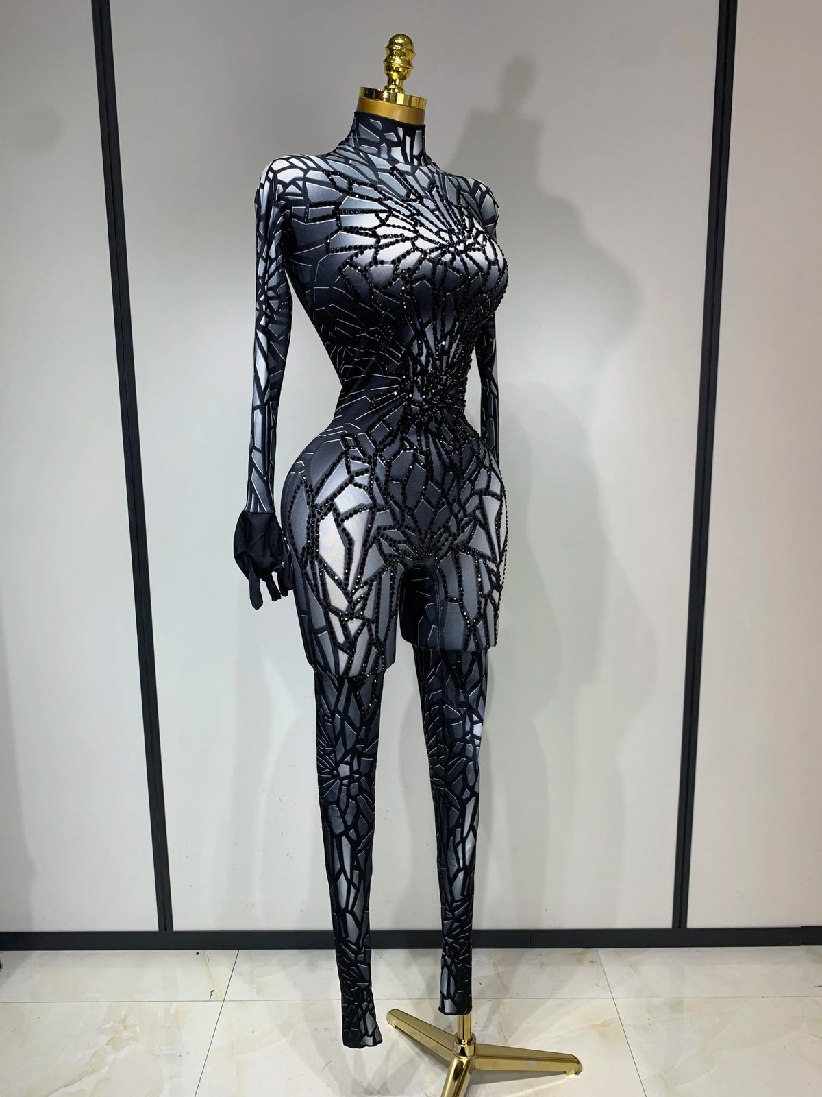 Women Sexy Black Rhinestone Stretch Bodycon Jumpsuit Club Evening Party Birthday Wear Singer Dancer Stage Perform Costume - Matrix Studios