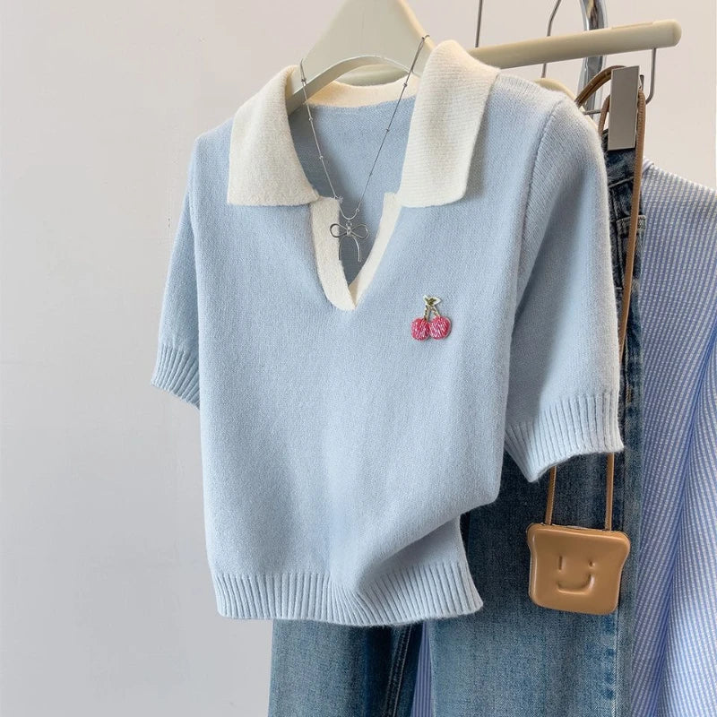 Loose and Slim Polo Neck Ice Silk Short-sleeved T-shirt for Women in Summer Fashion Age-reducing Versatile Top - Matrix-studios.com