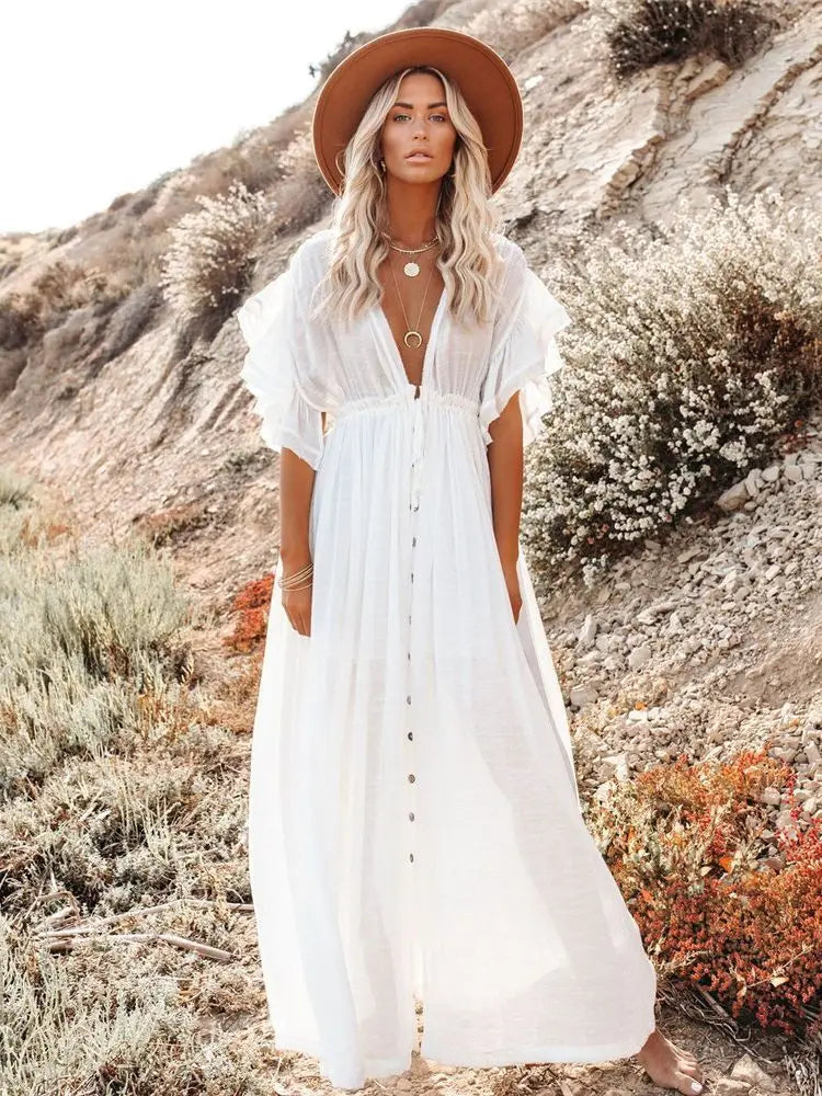 Crochet White Knitted Beach Cover Up Dress Tunic Long Pareos Bikinis Cover Ups Swim Cover Up Robe Plage Beachwear - Matrix Studios