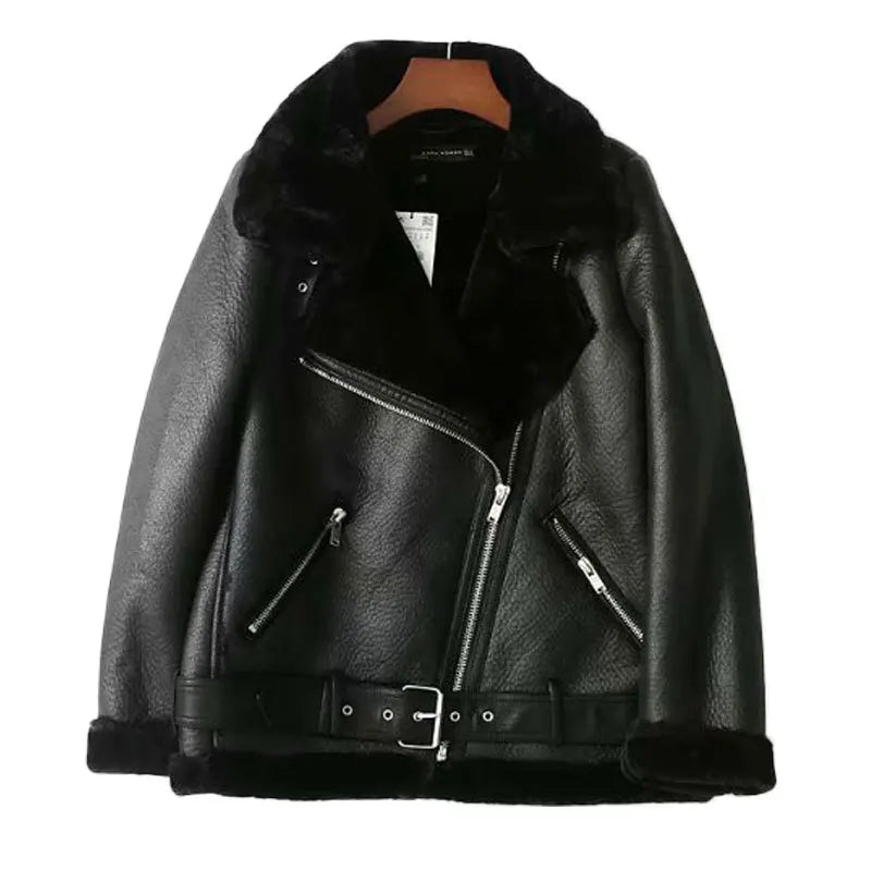 Winter Women Thick PU Leather Warm Suede Lamb Jacket Motorcycle Coats Faux Shearling Biker Sheepskin Leather Jackets Outwear - Matrix Studios