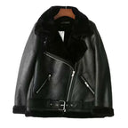 Winter Women Thick PU Leather Warm Suede Lamb Jacket Motorcycle Coats Faux Shearling Biker Sheepskin Leather Jackets Outwear - Matrix Studios