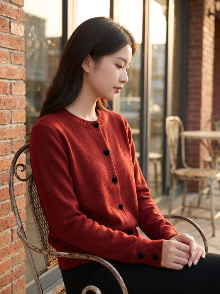 2026 Autumn O-Neck Single Breasted Heart Button Sweater Bow Embroidery Knitted Women Cardigan Korean Casual Tops Woman Clothes - Matrix Studios