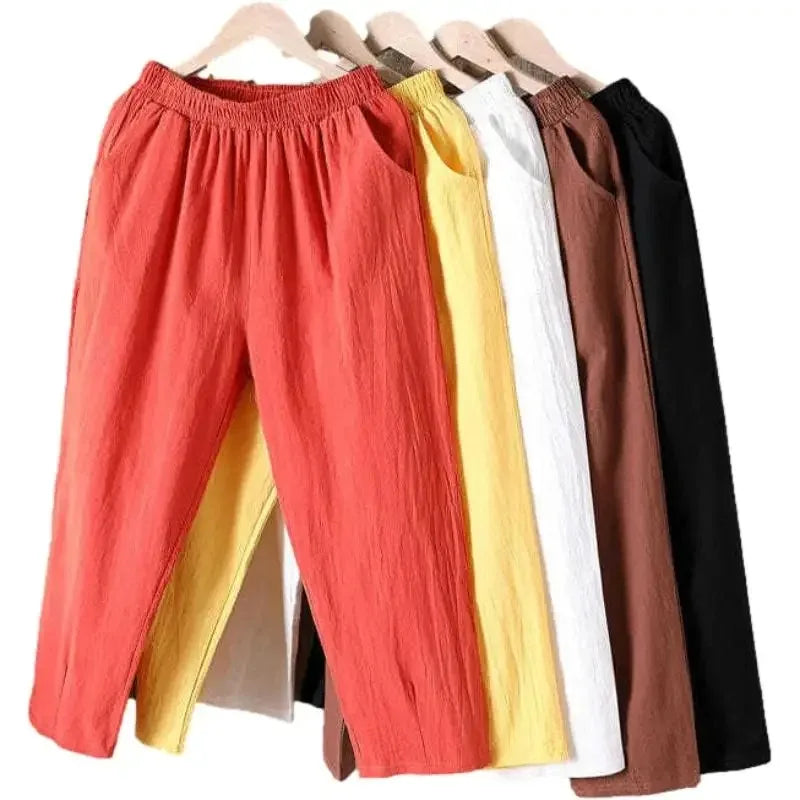 Women Summer Casual Loose Harem Elastic Waist Cotton Linen Pants Ninth Trousers - Matrix-studios.com