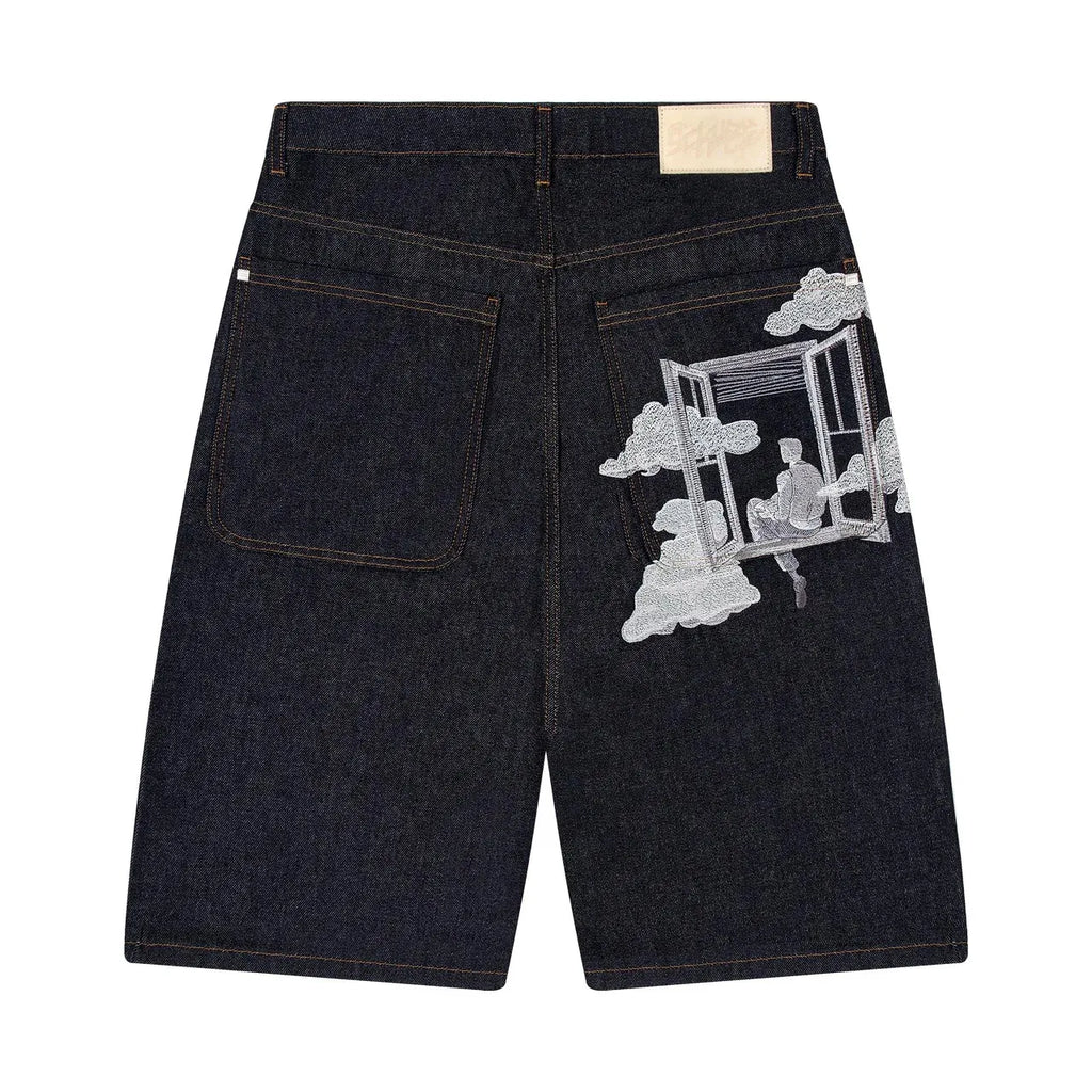 On Air Shorts Men Casual Baggy Jeans Short Y2k Retro Blue Pocket Embroidery Wide Leg Denim Jorts Hip Hop Skateboard Streetwear