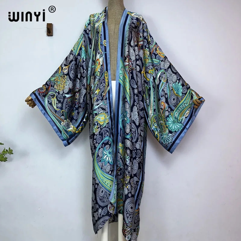 WINYI 2026 Summer Women Cardigan stitch Cocktail sexy Boho Maxi African Holiday Batwing Sleeve Silk feeling Robe kimono kaftan - Matrix Studios