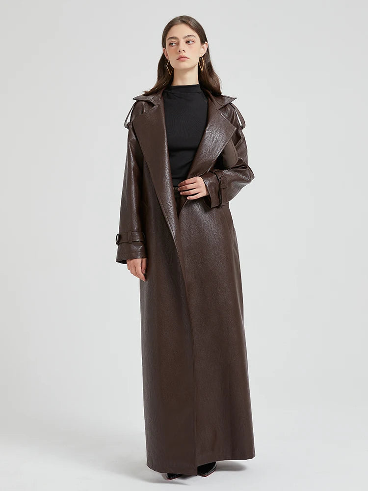 Lautaro Spring Autumn Extra Long Brown Pu Leather Trench Coat for Women Sashes Luxury Chic Overcoat Runway European Fashion 2024 - Matrix Studios