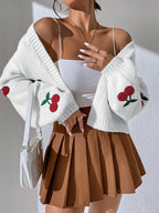 Fashionable Low Shoulder Cherry Embroidery Pattern Cardigan Commuter Sweater Women's Loose Jacket Knitted Sweater - Matrix Studios