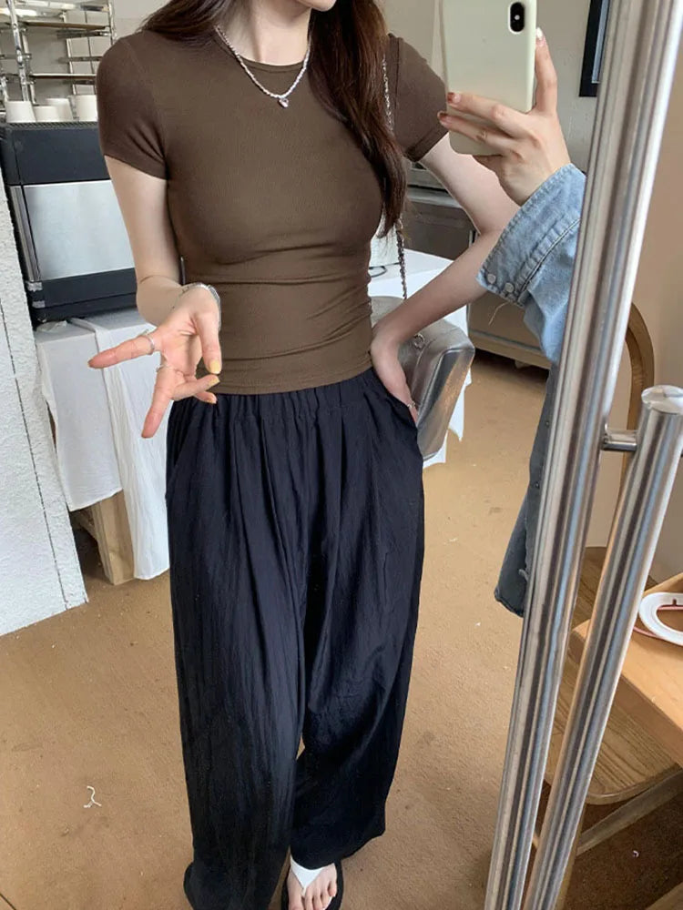 Basic Solid Crop Top Short Sleeve Crewneck Skinny T-shirt Summer Casual Tee for Women y2k Vintage Top Harajuku Streetwear - Matrix-studios.com