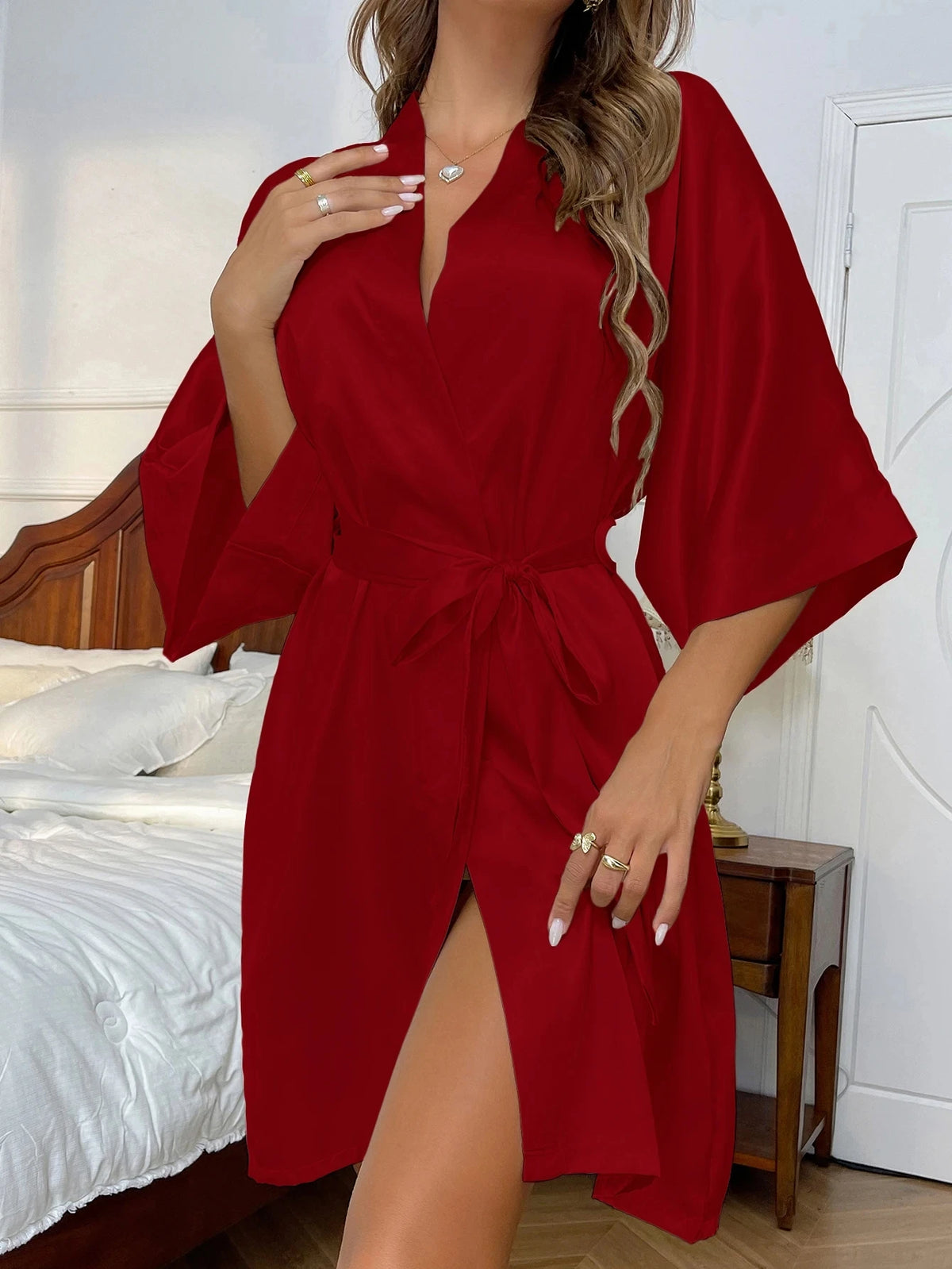 Sleep skirt spring summer new simple home dress sexy long silk cardigan bathrobe bathrobe woman - Matrix-studios.com