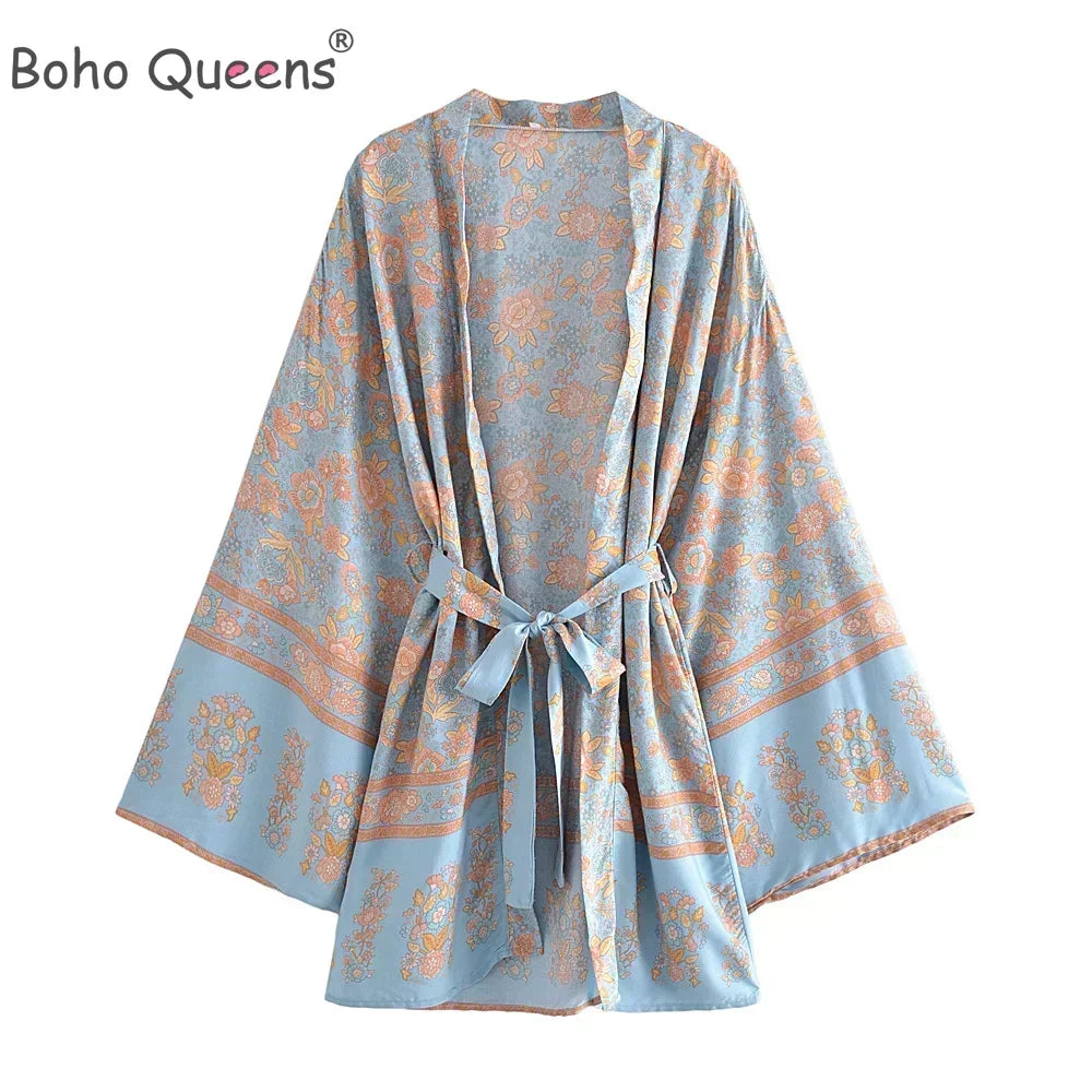Boho Queens Multi Floral Print Sashes Kimono Women Batwing Sleeve Bohemian Bridesmaid Robe Vacation Beach Boho Bikini Cover-ups - Matrix Studios