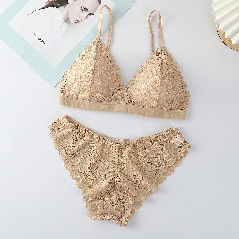 Women Lace Bra And Panties Set V-neck Push Up Bralette Sexy Lingerie Low Waist Briefs Female Non-wire Brassiere Underwear Set - Matrix-studios.com