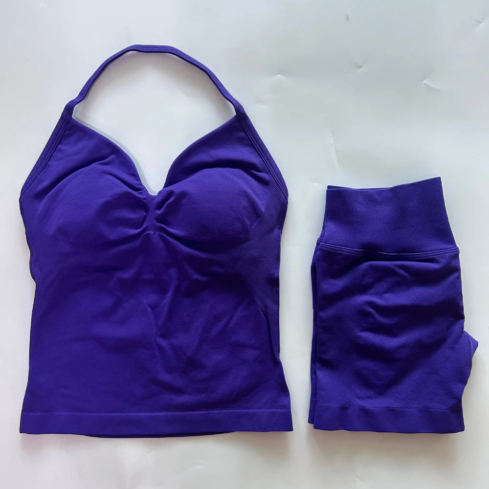 No Logo 2Pcs Gym Set Women Backless Tank Tops High Waist Scrunch Seamless Shorts Gym Suit Fitness Clothes Activewear Workout Set - Matrix-studios.com