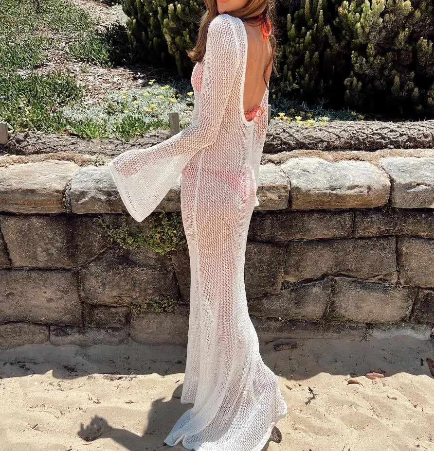 Kintted Beach Cover Up Women Sexy Long Bikini Dress Beachwear Crochet Backless Long Sleeve Hollow Beachdress Female Swimsuit - Matrix Studios