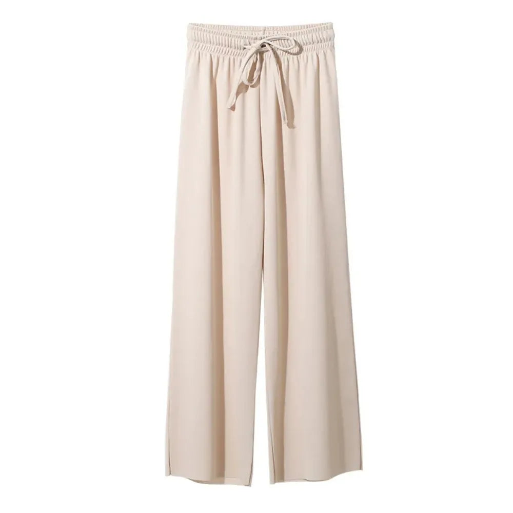 2026 Women Ankle-Length Wide Leg Pants Casual Summer Solid Elastic Waist Loose Ice Silk Pants Spring Summer Female Trousers - Matrix-studios.com