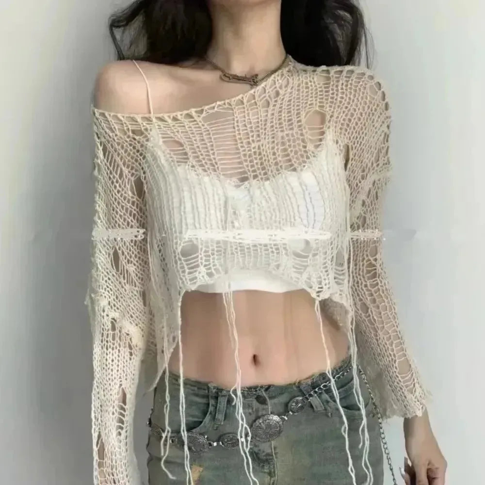 Y2k Cropped Hole Sweater Sexy Gyaru Hollow Out Knit Pullovers Goth Korean Long Sleeve Jumper Summer Fashion Sheer Knitwears Tops - Matrix Studios