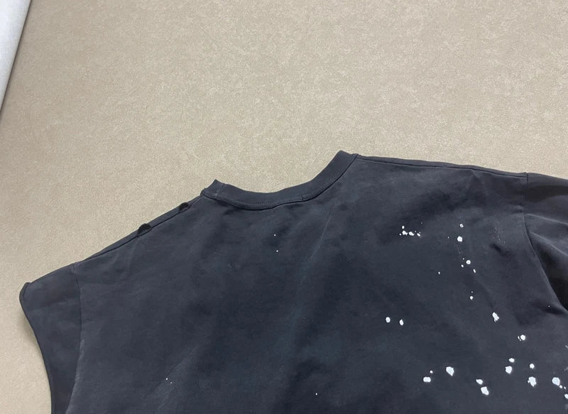 Heavy-duty Destruction Washed Black Irregular Ink Splashing SATOSHI Sleeveless T-shirt Men Women Stacked Vest Hiphop Streetwear - Matrix-studios.com