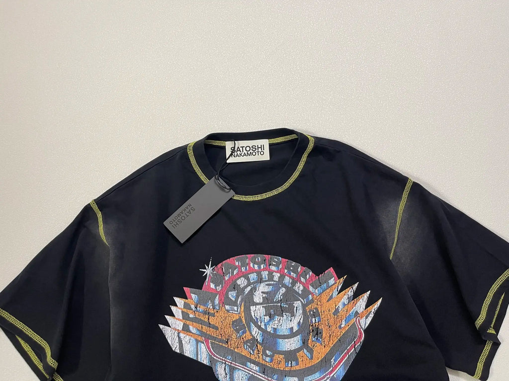 American High Street Washable Distressed Black SATOSHI Tshirts Stitch Patchwork Short Sleeves Men Women Casual Round Neck Tops - Matrix-studios.com