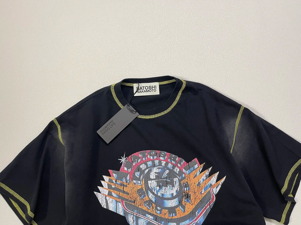 American High Street Washable Distressed Black SATOSHI Tshirts Stitch Patchwork Short Sleeves Men Women Casual Round Neck Tops - Matrix-studios.com