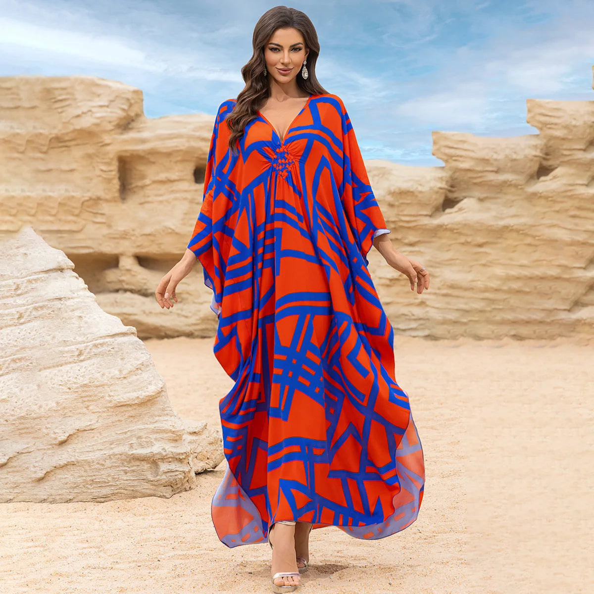 Kaftan Dresses for Women Wave Neck Swimsuit Cover Up Caftan Dress Plus Size Oversized Long Beach Dress - Matrix Studios