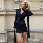 Women's Matching Sets 2026 Woman Navy Blue Striped V-neck Waist Small Suit Top Short A-shaped Skirt Women's Two-piece Set - Matrix-studios.com
