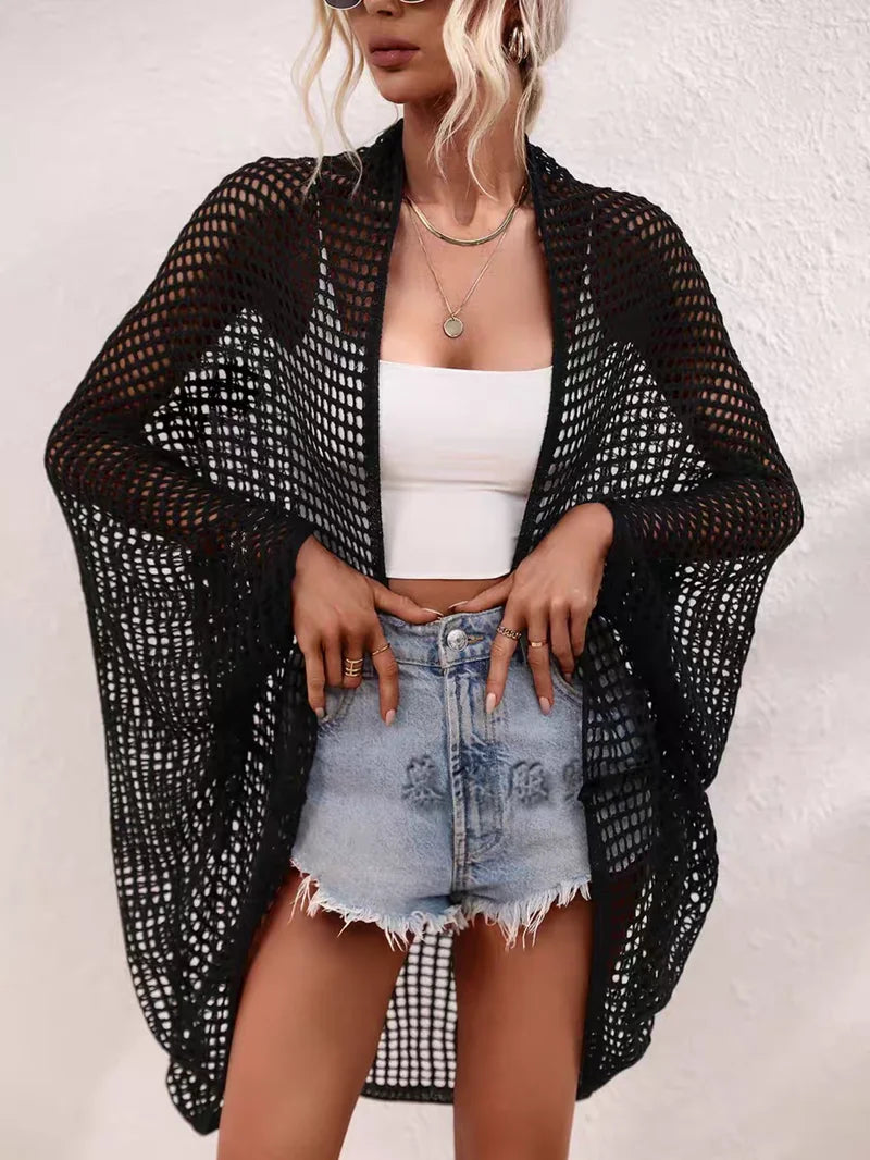 Openwork Open Front Longline Cover Up Crochet Knit Cardigan Sweater for Women Summer Vacation Beach Outfit - Matrix Studios