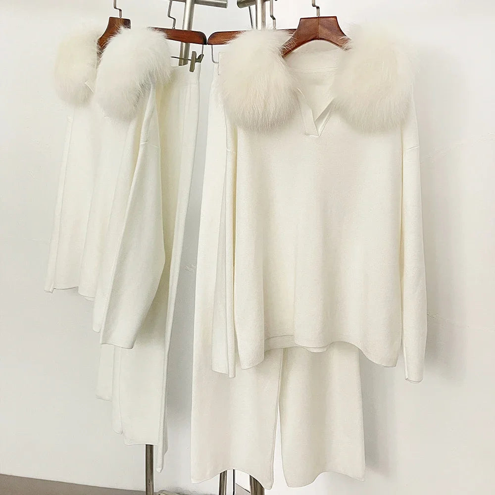 Reality Fur Jacket Pullover Set Woman Spring Knitted Suit Knitwear Female Real Fox Fur Collar Sweater Lady Autumn Knitted New - Matrix Studios