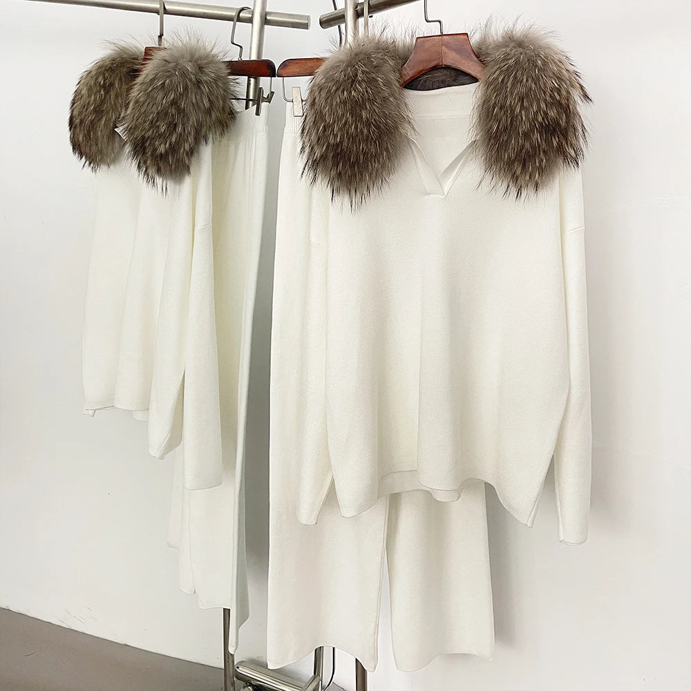 Reality Fur Jacket Pullover Set Woman Spring Knitted Suit Knitwear Female Real Fox Fur Collar Sweater Lady Autumn Knitted New - Matrix Studios