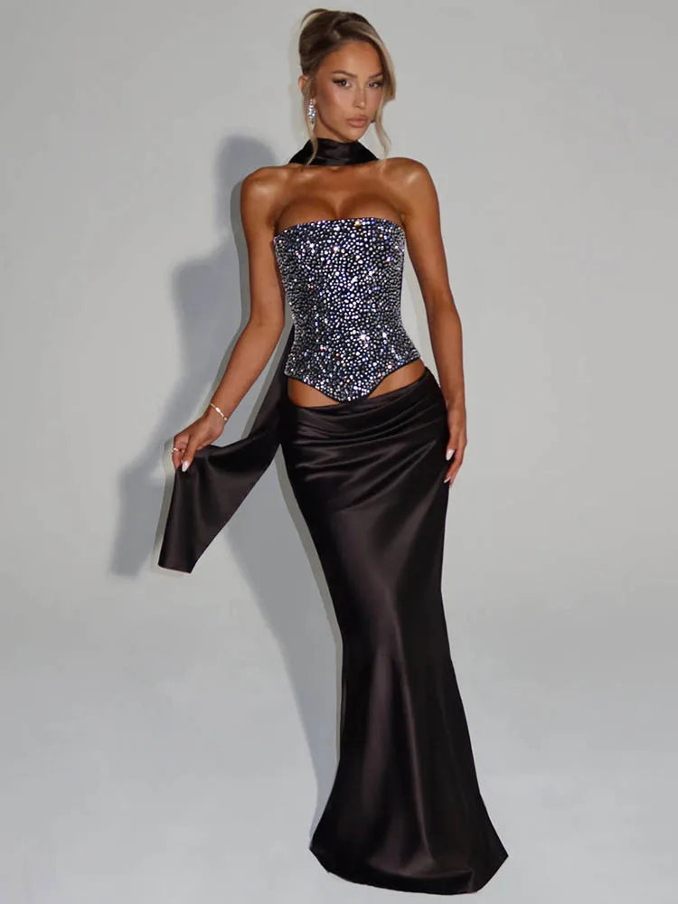 Mozision Sequins Sexy Dress Set Women Sparkle Scarf Collar Crop Tops And Maxi Skirt Elegant Club Party Satin Skirt Matching Set - Matrix-studios.com