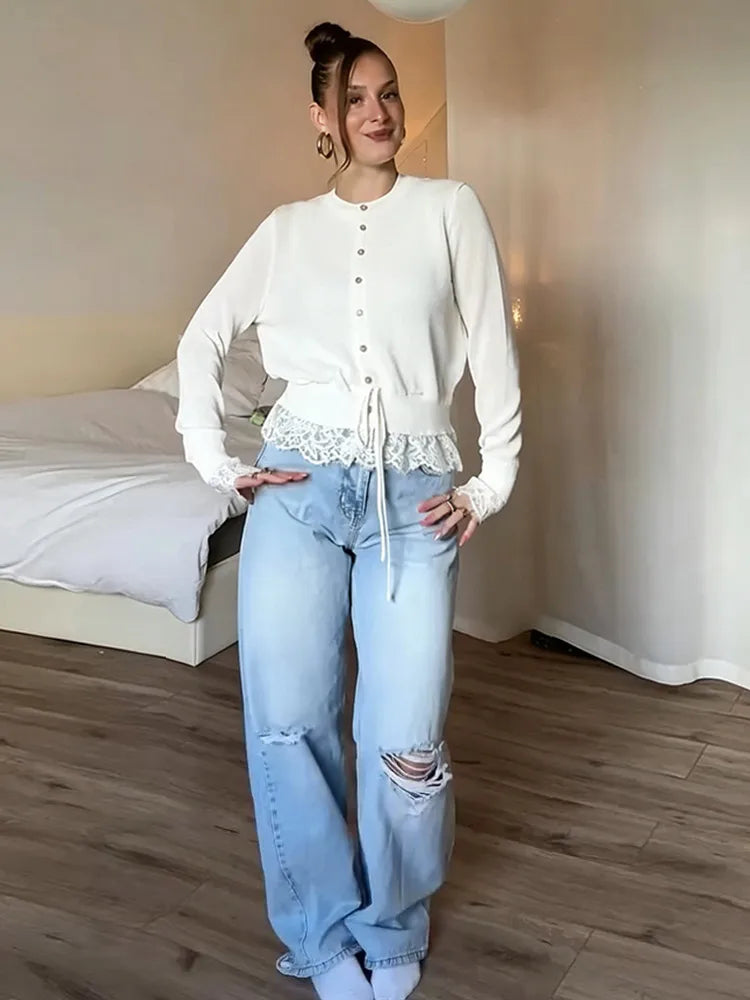 Knitted Women Cardigan Drawstring Cinched Waist Lace Trim Single Breasted Sweater Sheer O-Neck Solid Sweater Elegant Tops Ladies - Matrix Studios