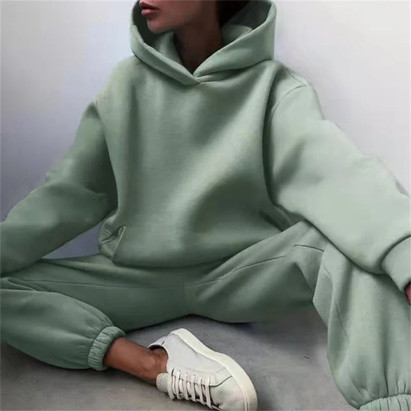 Women's Tracksuit Suit Autumn Fashion Warm Hoodie Sweatshirts Two Pieces Oversized Solid Casual Hoody Pullovers Long Pant Sets - Matrix-studios.com