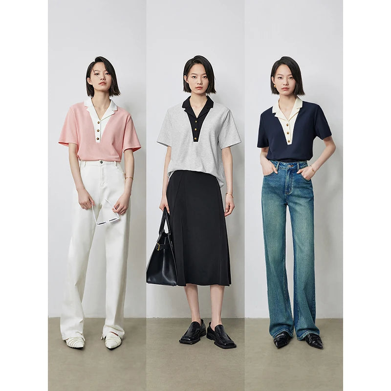 TOYOUTH Women Contrasting Colors POLO Collar T-shirt 2025 Summer New Short Sleeved Top - Matrix-studios.com