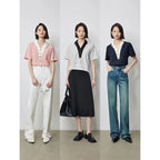 TOYOUTH Women Contrasting Colors POLO Collar T-shirt 2025 Summer New Short Sleeved Top - Matrix-studios.com