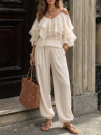 Pants Set Off Shoulder Ruffle Layer Top Elastic Waist Loose Jogger Pants For Women Beach Vacation Daily Leisure Travel Matching Outfit - Matrix-studios.com