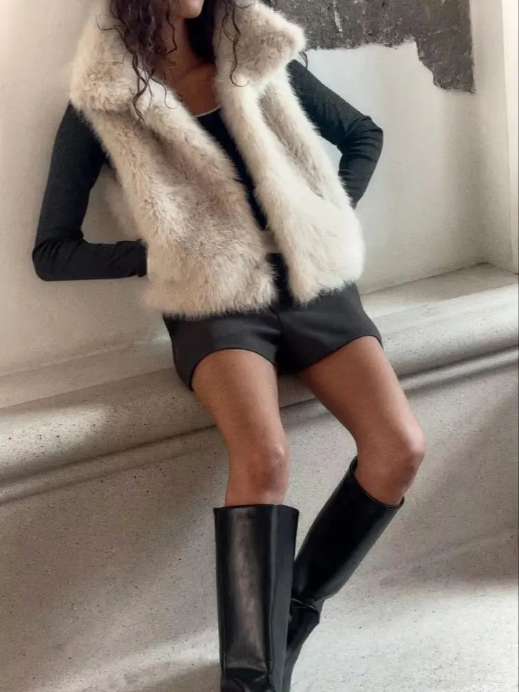 HH Women Elegant Solid Faux Fur Waistcoats Turtleneck Sleeveless Vest Coat Autumn Winter Fashion Hight Street Lady Outfit - Matrix Studios