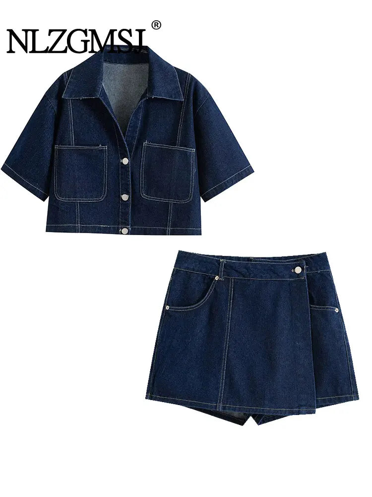 Nlzgmsj  Summer Women's Casual Sets Fashion Mini Skirt Shorts Sets Denim Short Shirt Top Sets For Women Street Women Outfit - Matrix-studios.com