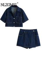 Nlzgmsj  Summer Women's Casual Sets Fashion Mini Skirt Shorts Sets Denim Short Shirt Top Sets For Women Street Women Outfit - Matrix-studios.com