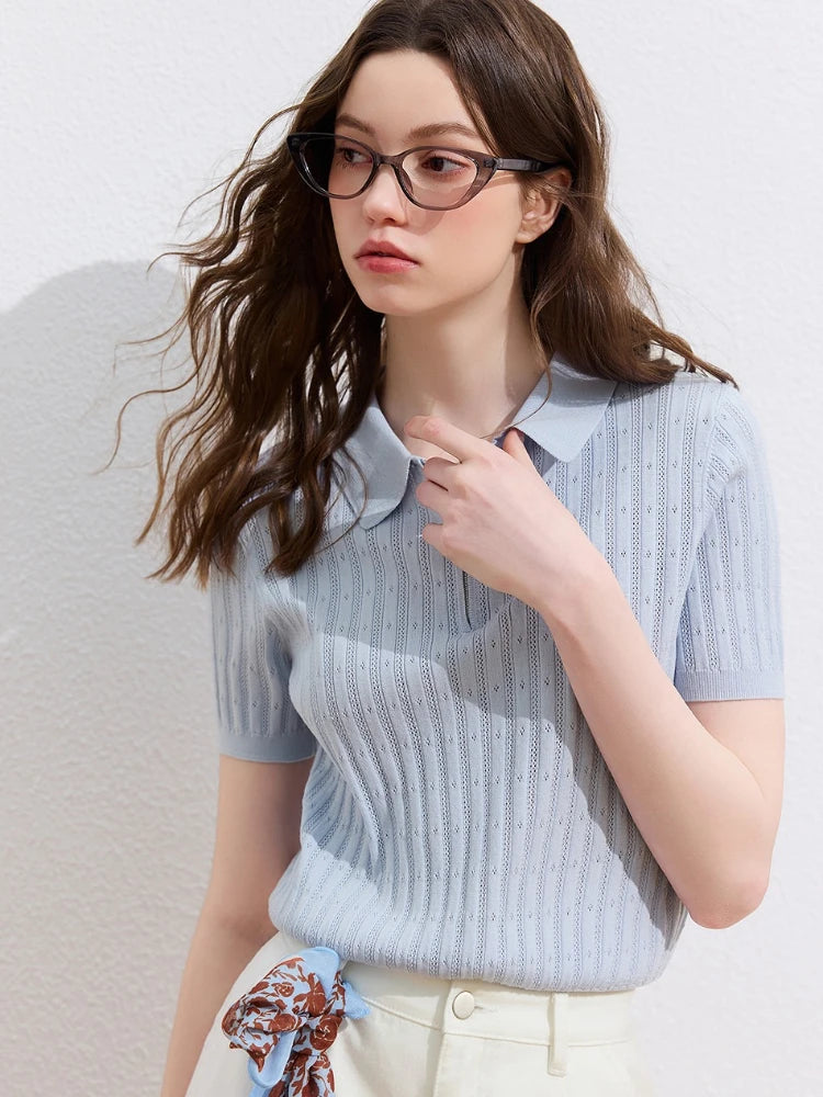 2026 Summer New Elegant Women T-shirt Hollow Jacquard Polo Collar Knit Top Women Slim Figure Flattering Versatile Tee - Matrix-studios.com