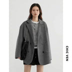 CHIC VEN Women's Woolen Coats Loose Casual Double Breasted Retro Double-sided Jacket Office Lady Outerwear Autumn Winter 2026 - Matrix-studios.com