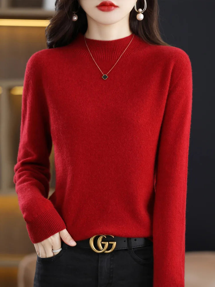 Fashion 100% Wool Sweater Women's Mock-Neck Knitwear Cashmere Pullovers Autumn Winter Long Sleeve Jumpers Clothing Tops - Matrix Studios