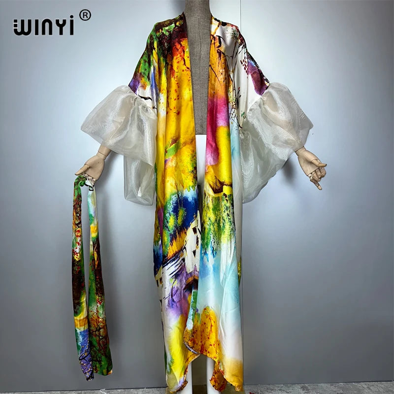 WINYI Summer Kimono Party Dress Beach Wear Swim Suit Cover Up African Women Loose Puff(ed) Sleeves Cardigan Boho Holiday Kaftan - Matrix Studios
