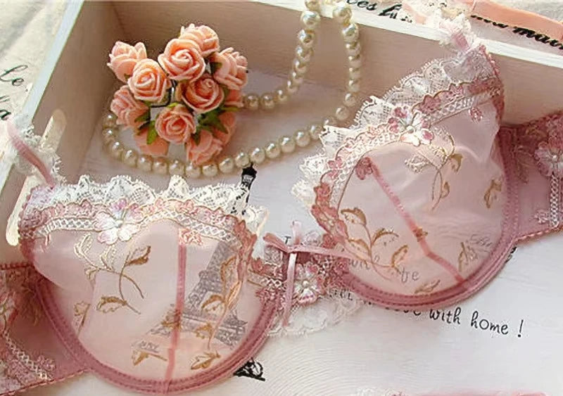 MOYISU New Arrival Luxury Pure Desire Lace Tulle Sexy Panties Lingerie Set Lilacs Embroidery Girl Boobs Big Size Big Boobs Small - Matrix-studios.com