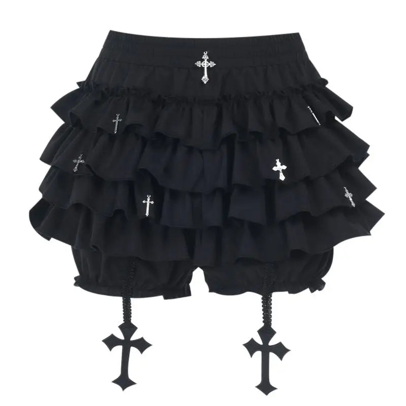 Women Skirts Tiered Ruffles Mini Skirt with Cross Charms Built-in Shorts Kawaii Sukapan Skort Gothic Punk Coquette Y2K E-girl - Matrix-studios.com