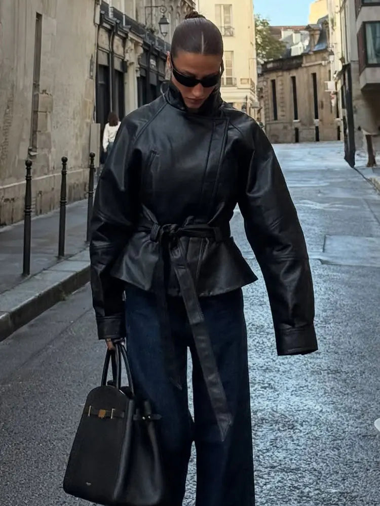 HH Women Fashion Black Short Faux Leather Trench Coat Long Sleeve Lapel Jacket With Belt Vintage Lady Motorcycle Jacket Outwear - Matrix Studios
