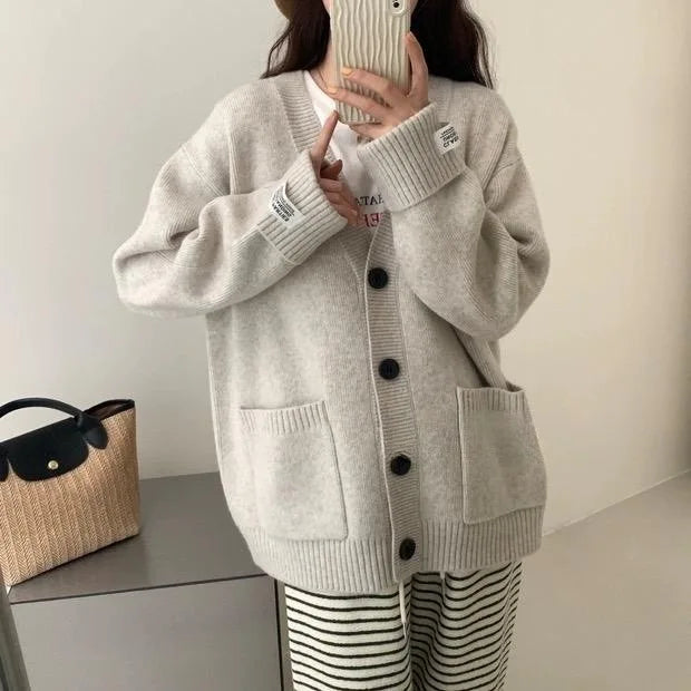 OCEANLOVE Cardigans Autumn Winter Solid Preppy Style Women Sweaters Korean Fashion V Neck Loose Warm Sweet Sueteres Mujer - Matrix Studios