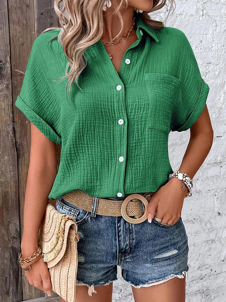 Women Casual Cotton Blouse Vintage Summer Short Sleeve Slim Shirt Elegant Turn Down Collar Solid Tunics Harajuku Streetwear Tops - Matrix-studios.com