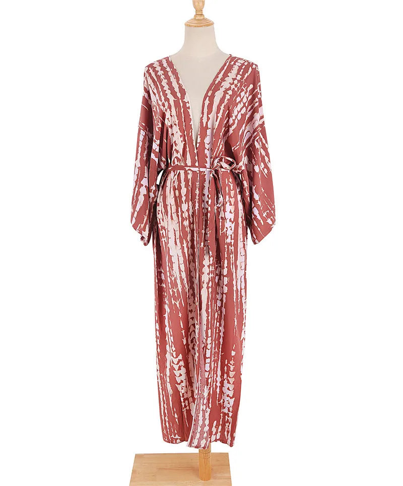 Long Kimono Swimsuit Cover up for Women Stylish Tie Dye Open Front Beach Outfits Bathing Suit - Matrix Studios