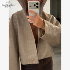 Beige Croc Leather Cropped Jacket Y2k Stand Collar Long Sleeve Wide Cuff Oversize Coat 2026 Autumn Street Daily Casual Outerwear - Matrix Studios